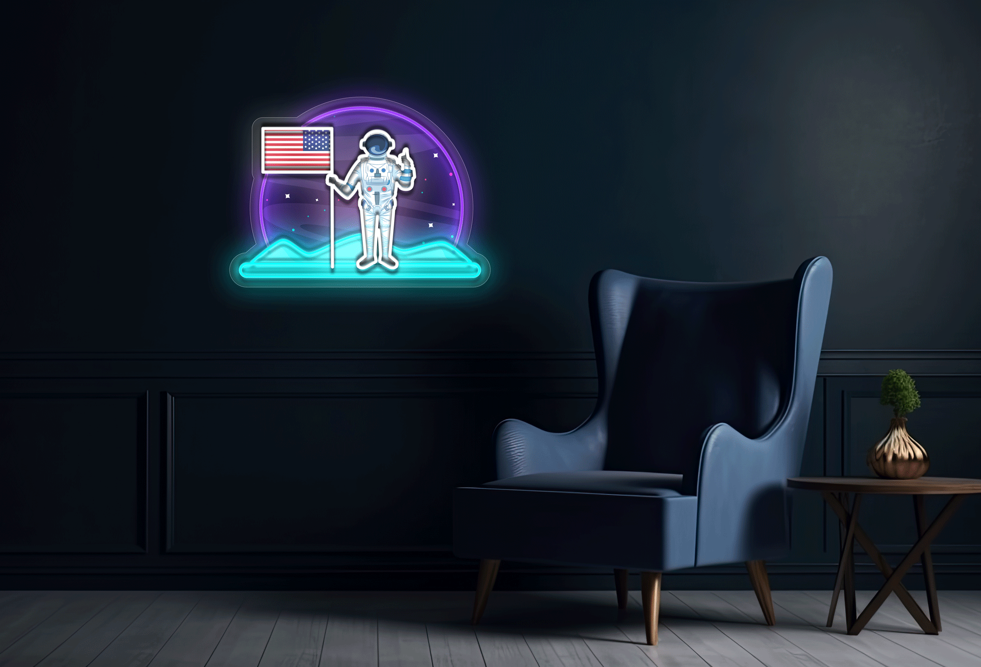 Astronaut Holding US Flag With UV Printing LED Neon Sign