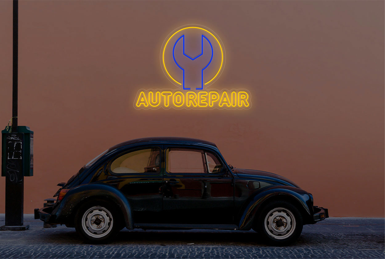 Outlined AutoRepair with Tool Inside a Circle Border LED Neon Sign