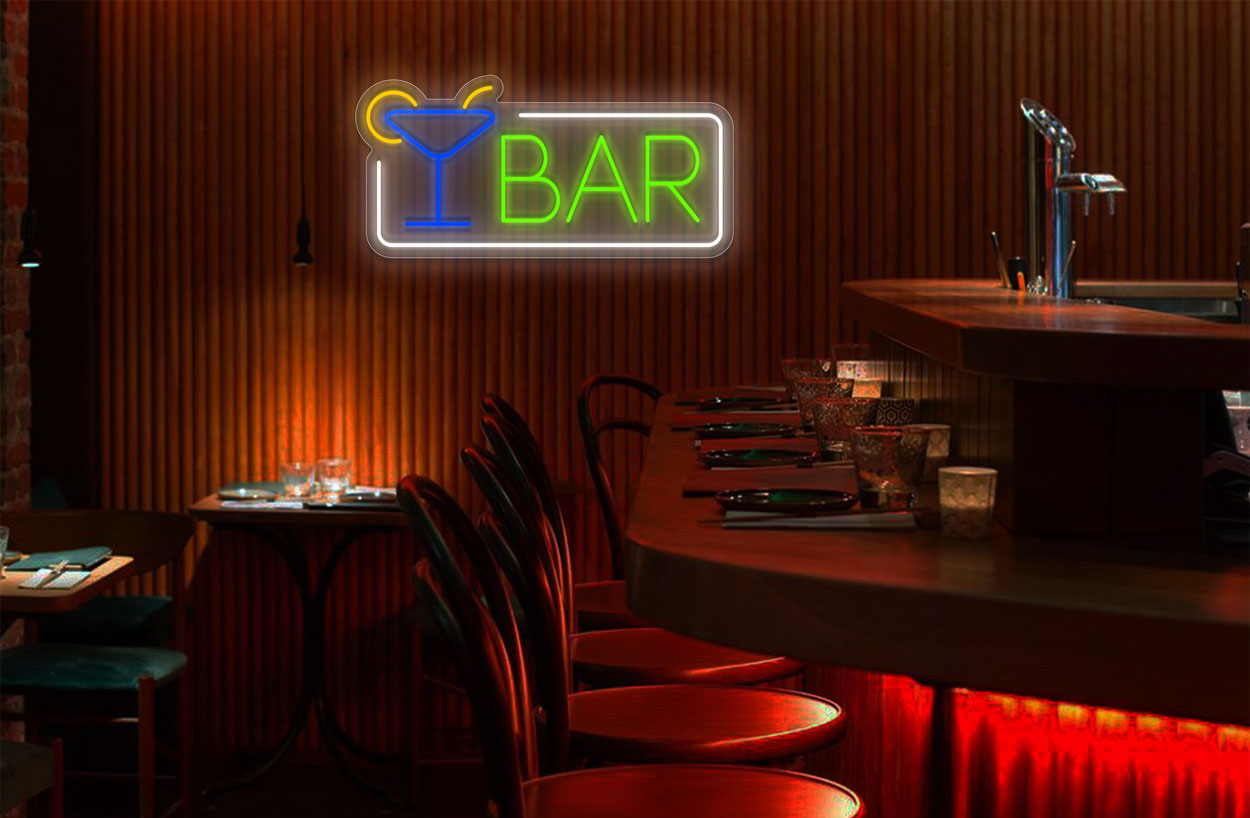 Martini Glass Bar in a Rectangular Border LED Neon Sign