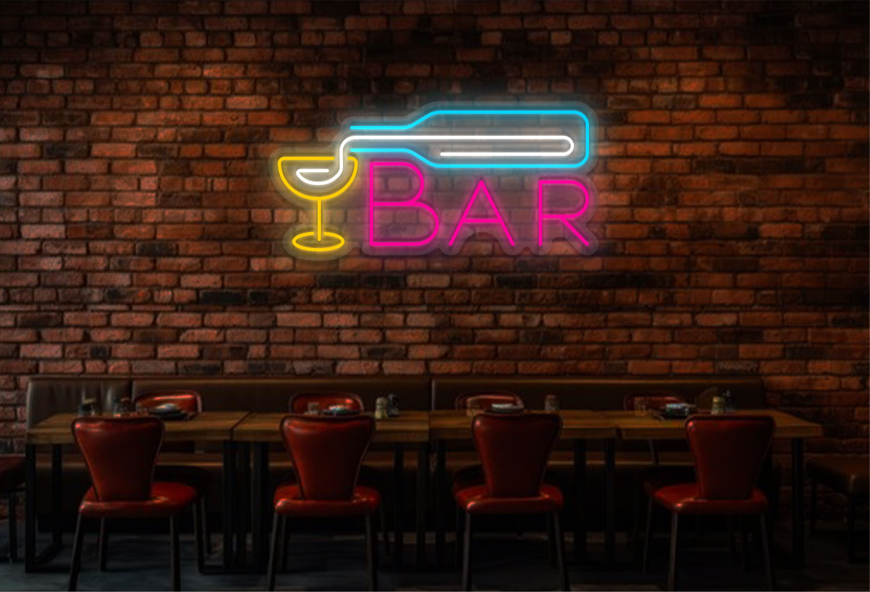 Bar With Martini Glass And Wine Bottle LED Neon Sign