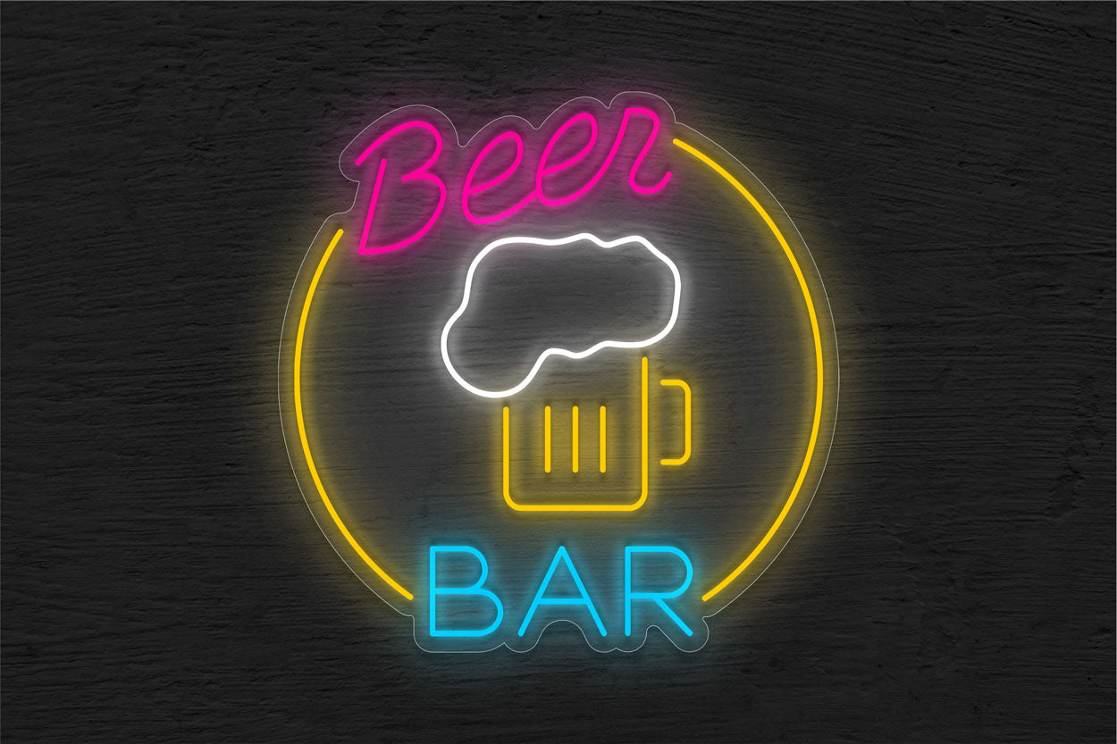 Beer Bar and Mug Inside Circle Border LED Neon Sign