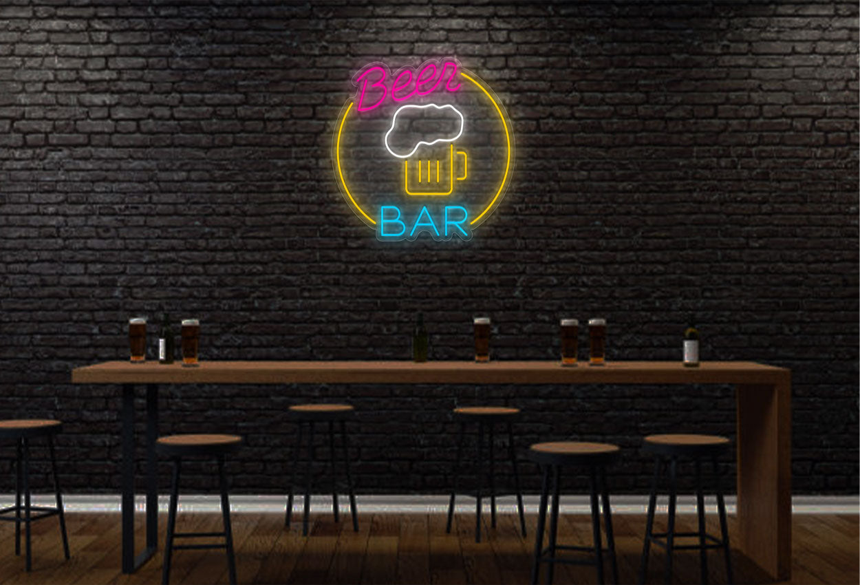 Beer Bar and Mug Inside Circle Border LED Neon Sign