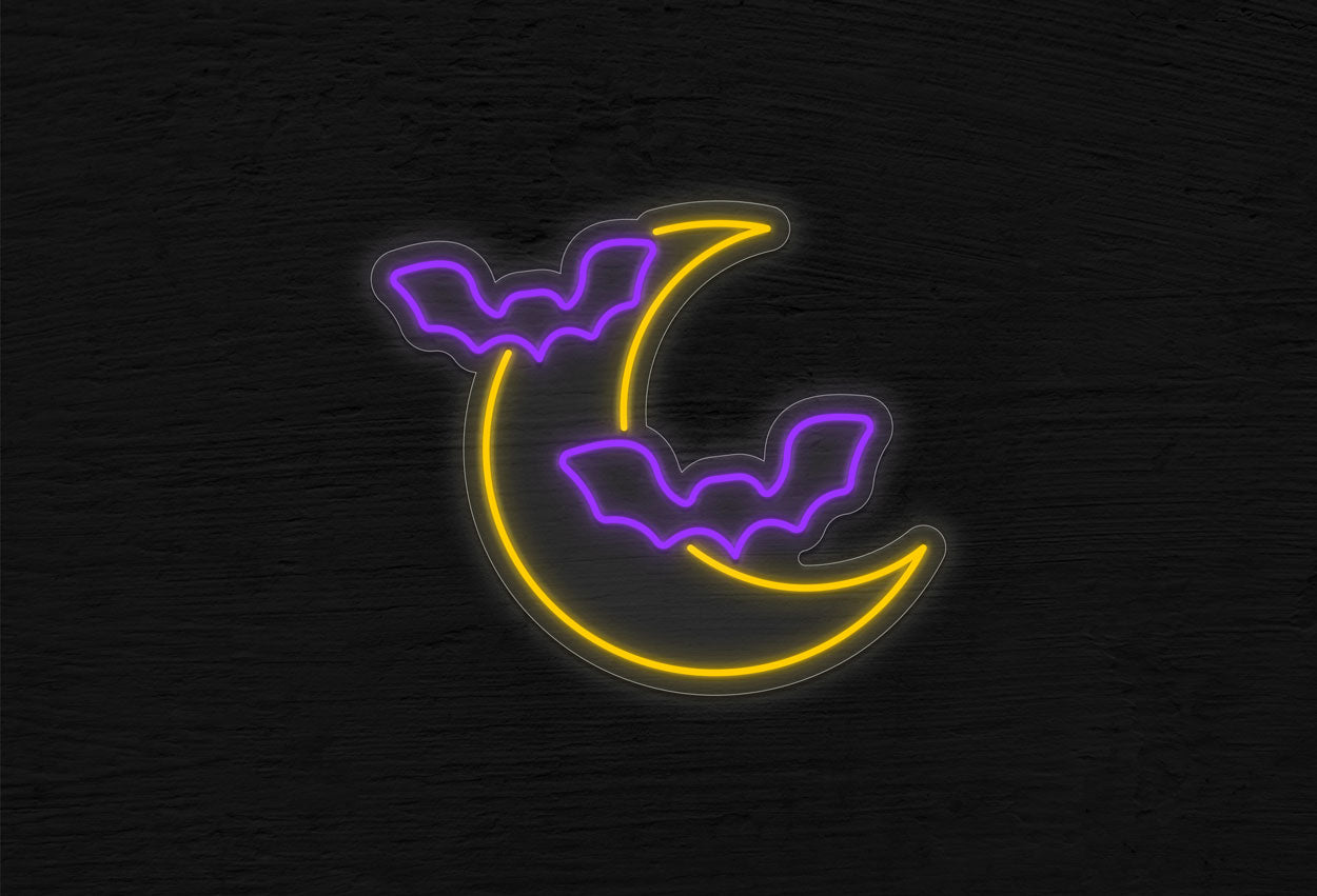 Quarter Moon with 2 Bats LED Neon Sign