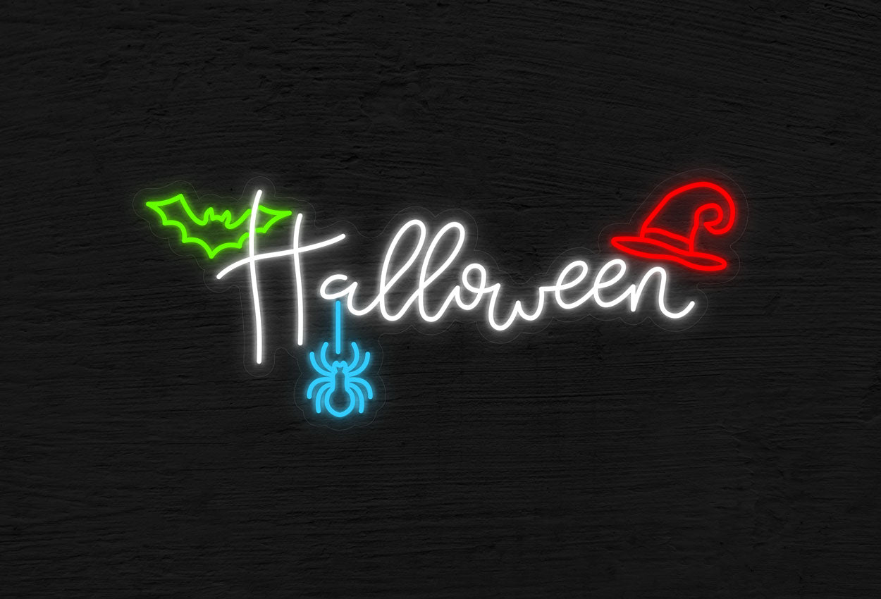 Halloween with Bat Spider Web and Witch Hat LED Neon Sign