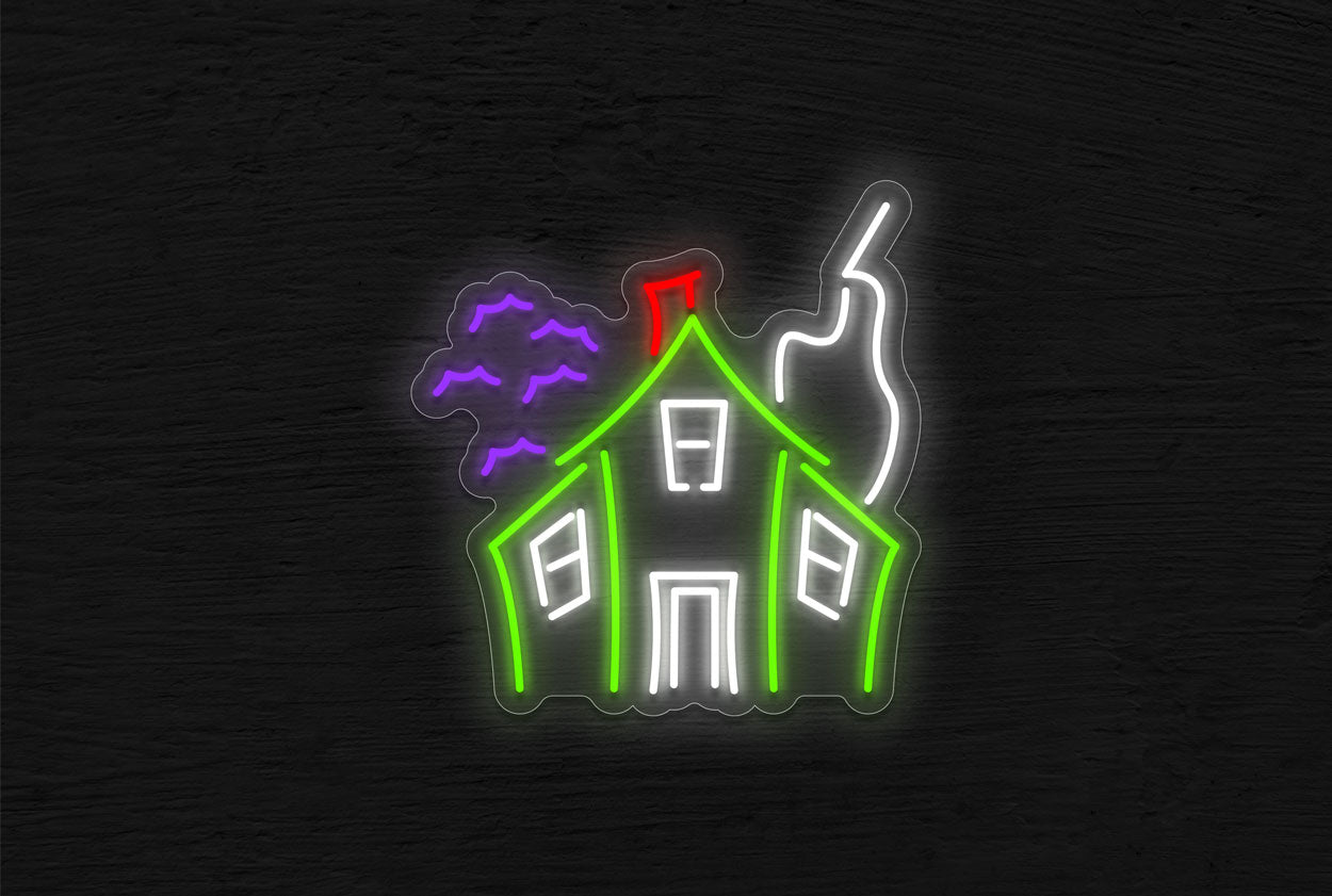 Haunted House Logo with Bats LED Neon Sign