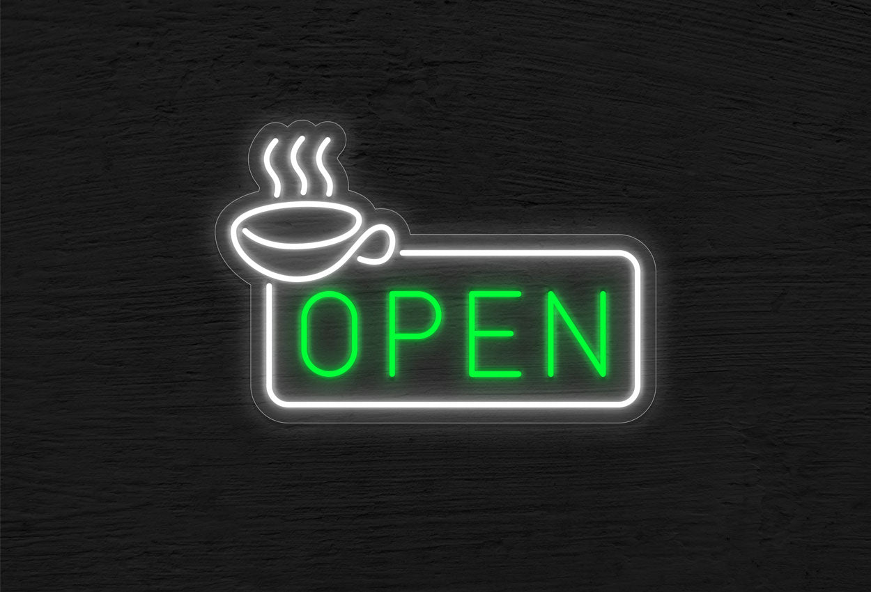 Open with Coffee Logo and Rectangular Border LED Neon Sign