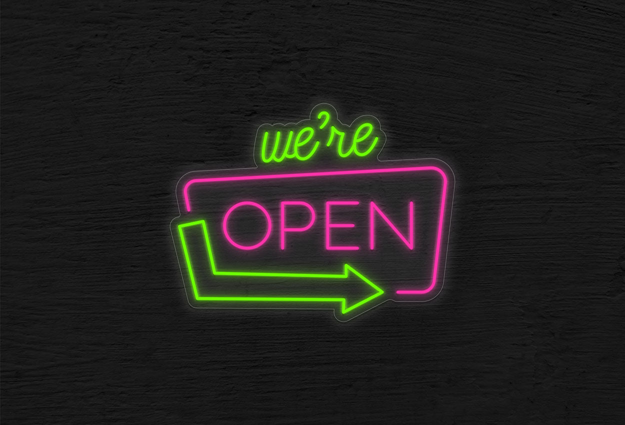 We're Open with Arrow Border LED Neon Sign