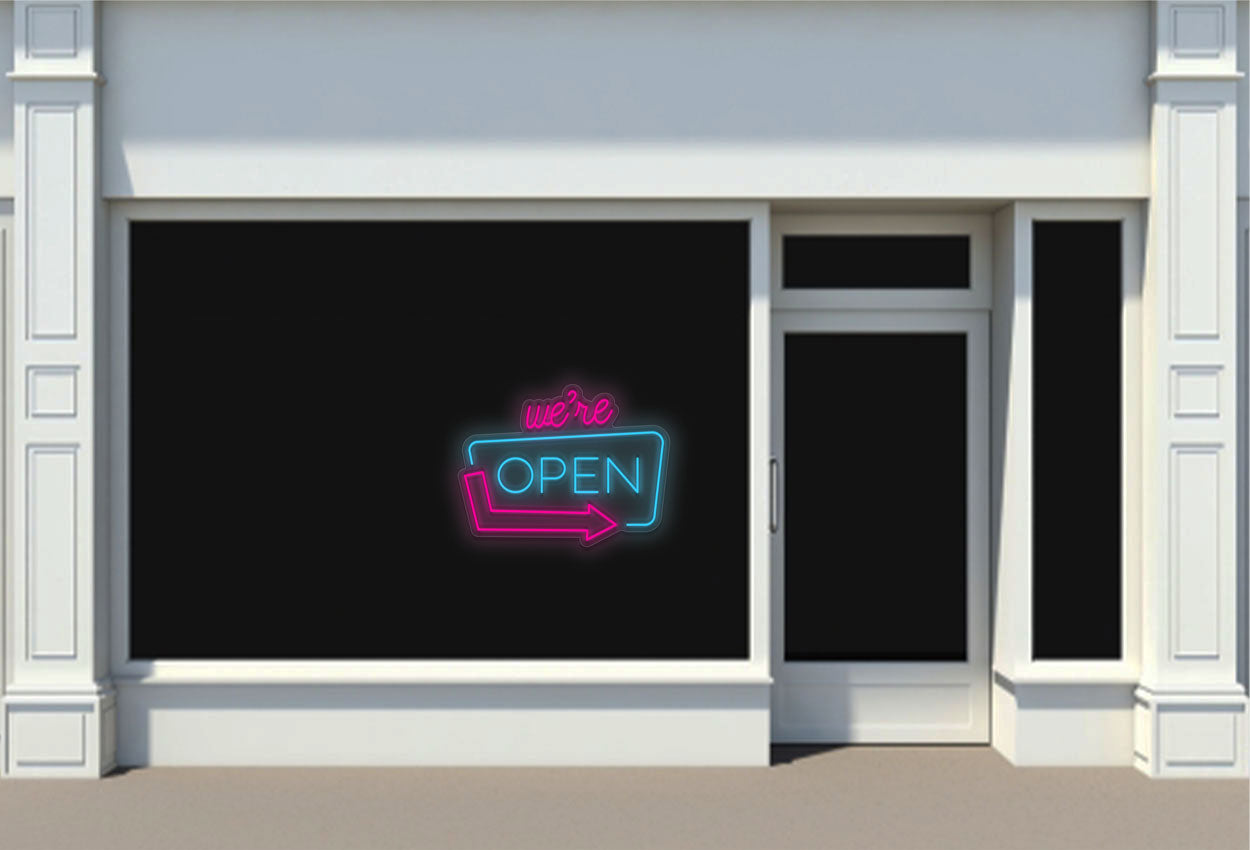 We're Open with Arrow Border LED Neon Sign