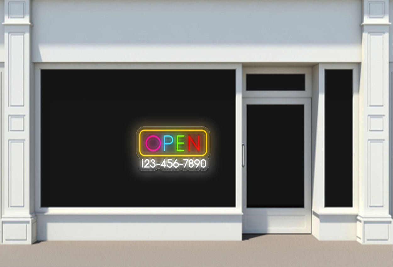 Open and Phone Number with Rectangular Border LED Neon Sign