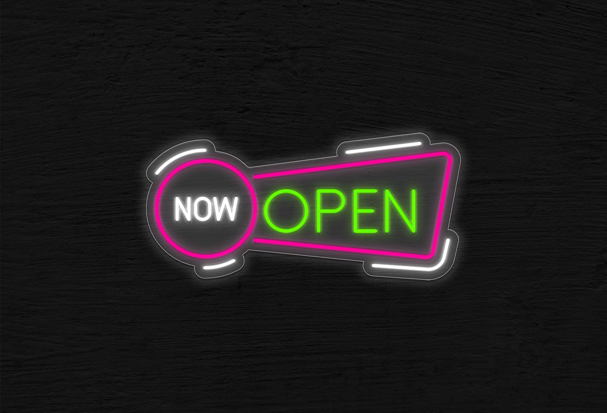 Now Open with Circle and Rectangle Border LED Neon Sign