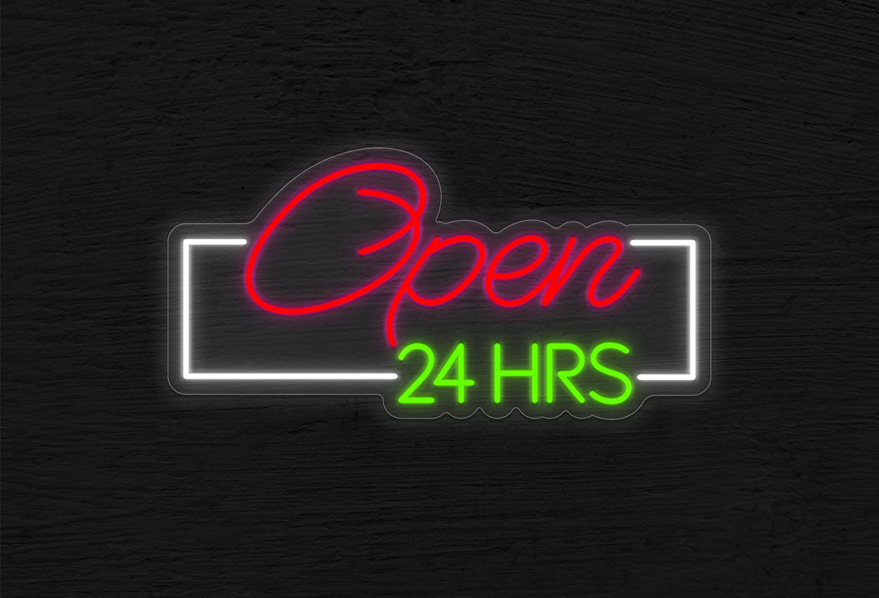 Open 24 Hrs with Rectangular Border LED Neon Sign