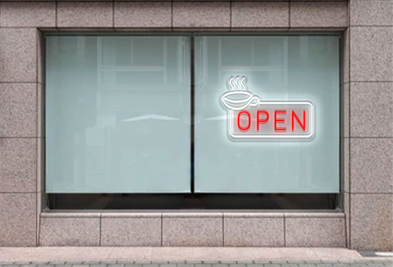 Open with Coffee Logo and Rectangular Border LED Neon Sign