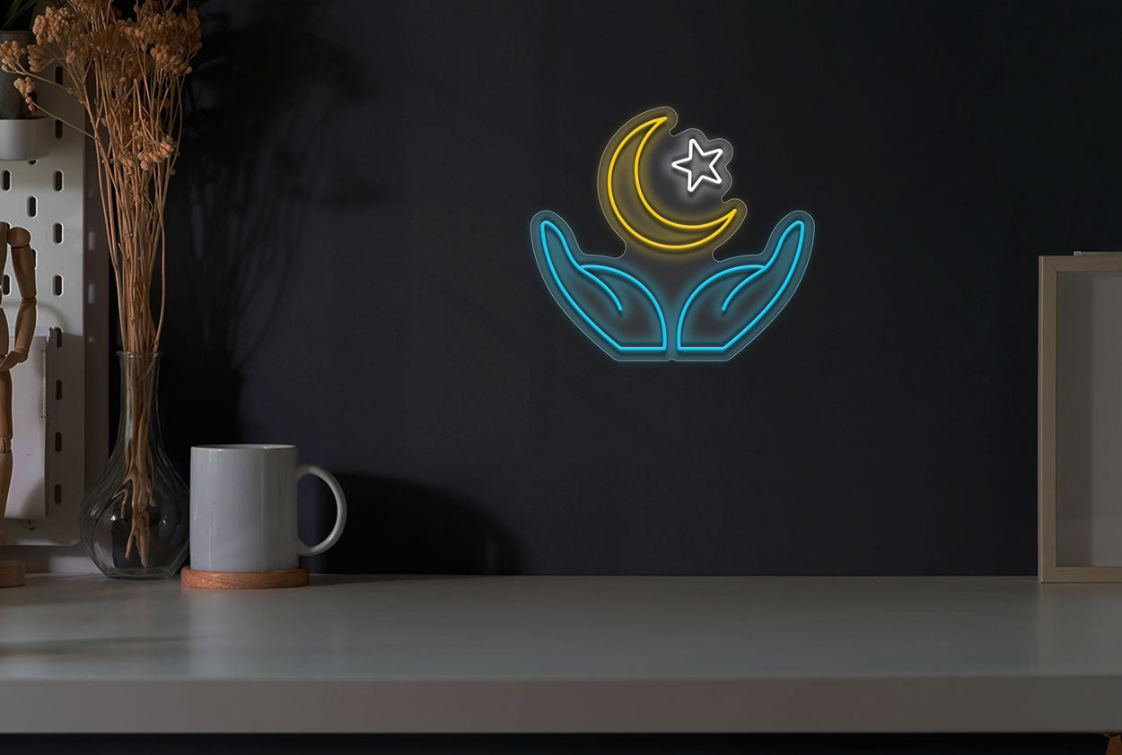 Praying Hand With Moon And Star LED Neon Sign